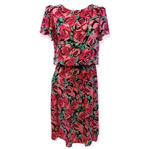 Vintage 80s Dress Black & Pink Midi Floral Roses Size 14